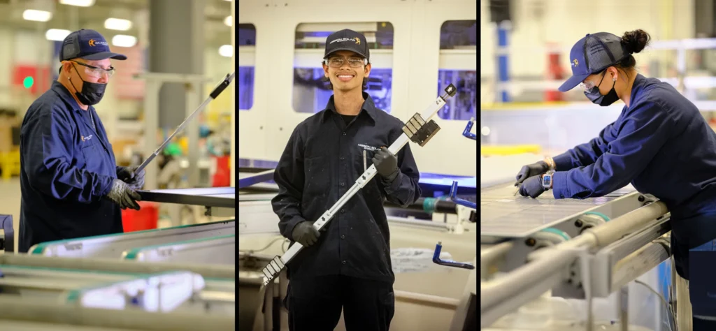 Mission Solar workers assembling and inspecting solar panels inside warehouse facility, ensuring quality and precision in solar panel manufacturing.