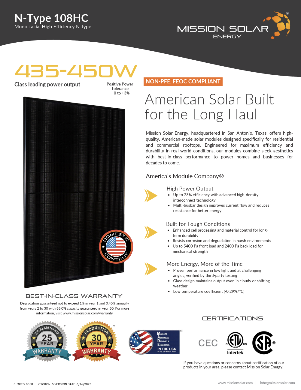 Mission Solar Residential | 440W N-Type 108HC | High Efficiency