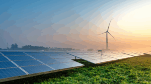 Solar panels and wind turbine at sunrise