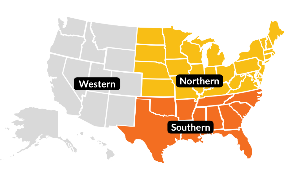 US regions map: Western, Northern, Southern.