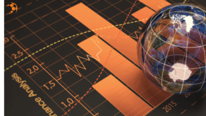 Global financial graph with planet overlay.