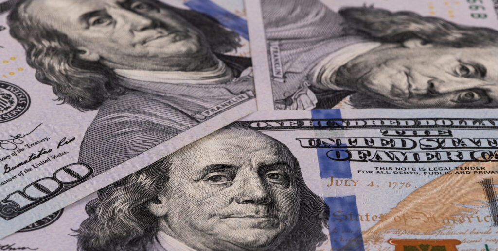 Close-up of US hundred-dollar bills