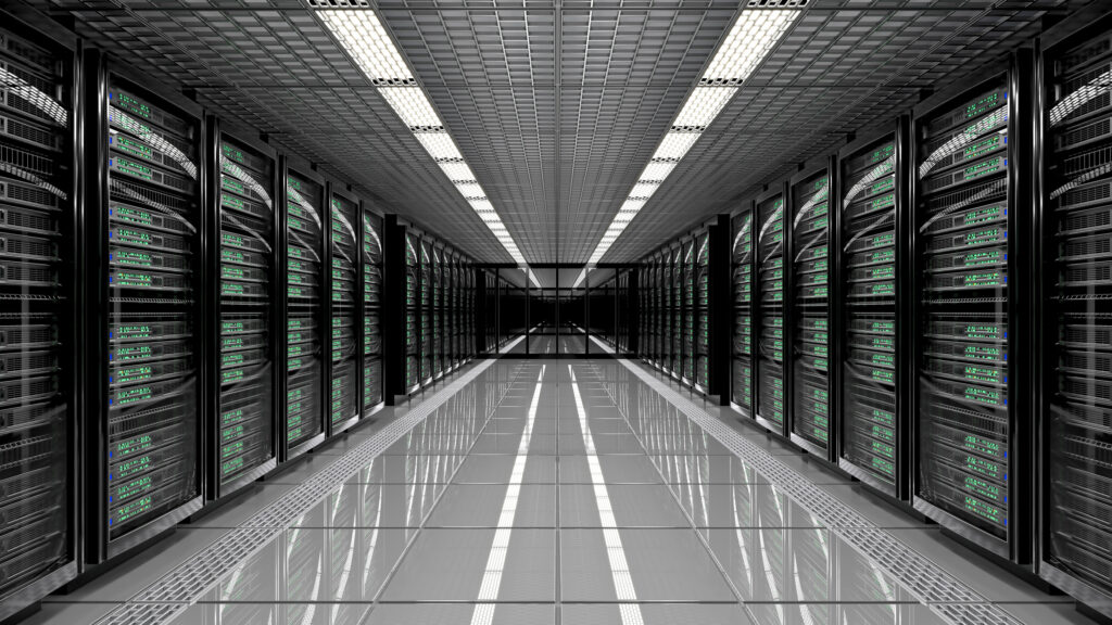 Modern data center server racks and infrastructure powered by Solar energy