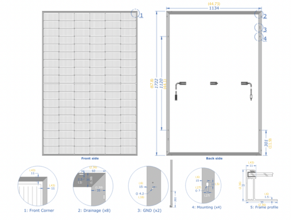 Technical drawing of a framed solar panel with dimensions